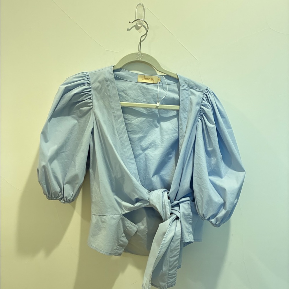 Blue Puff Sleeve Tie Front Blouse